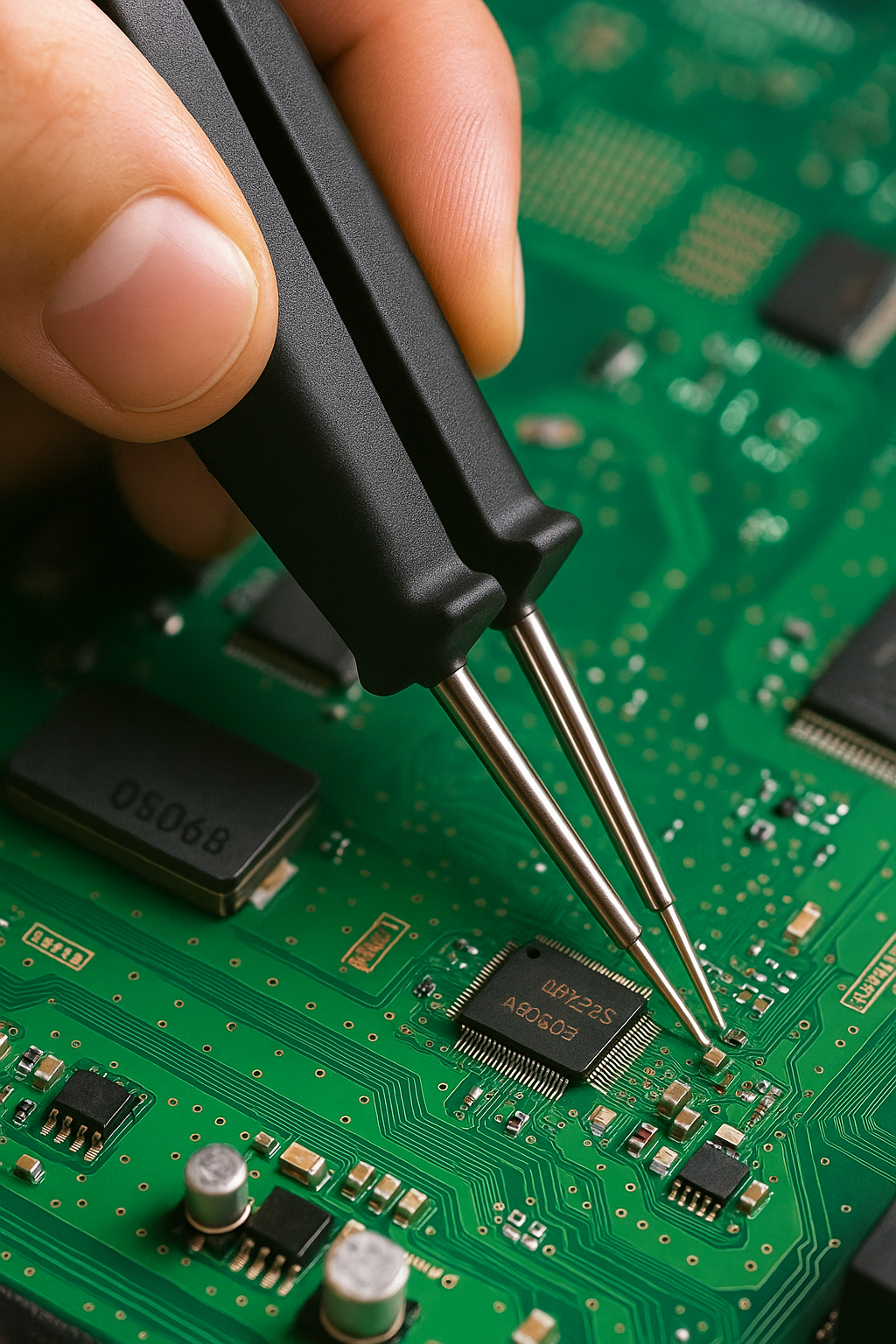 Circuit board with tweezers working on electronic components